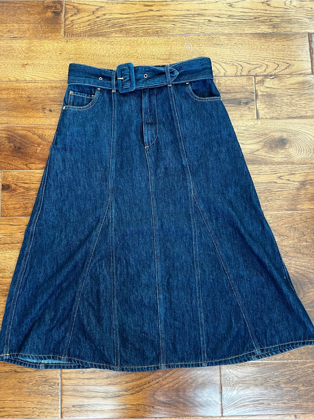 Ba&sh Pleated Accents Midi Length Skirt in Dark Wash, Size France 42 (US 10)